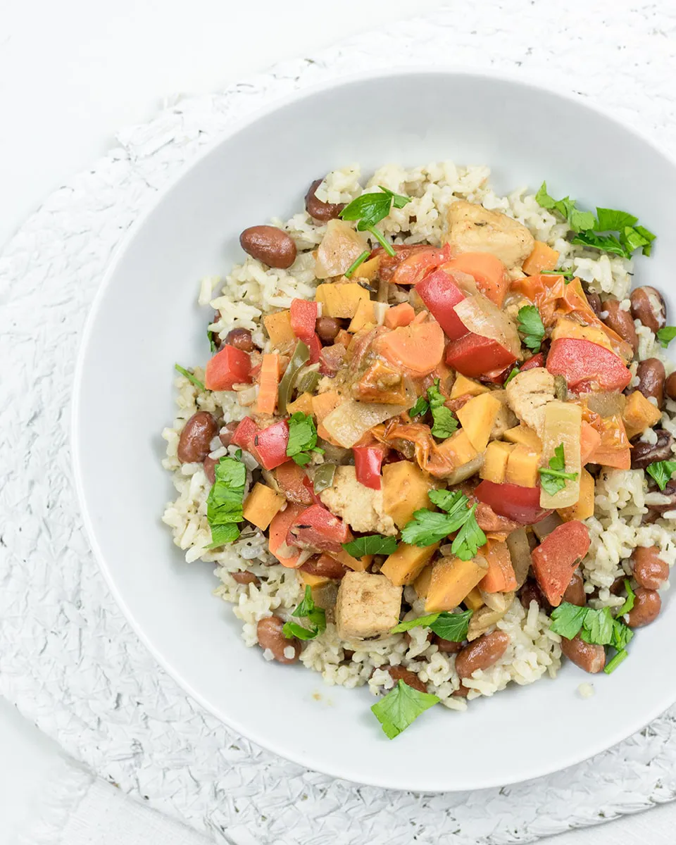 Coconut stew with Jamaican flavors and lots of vegetables