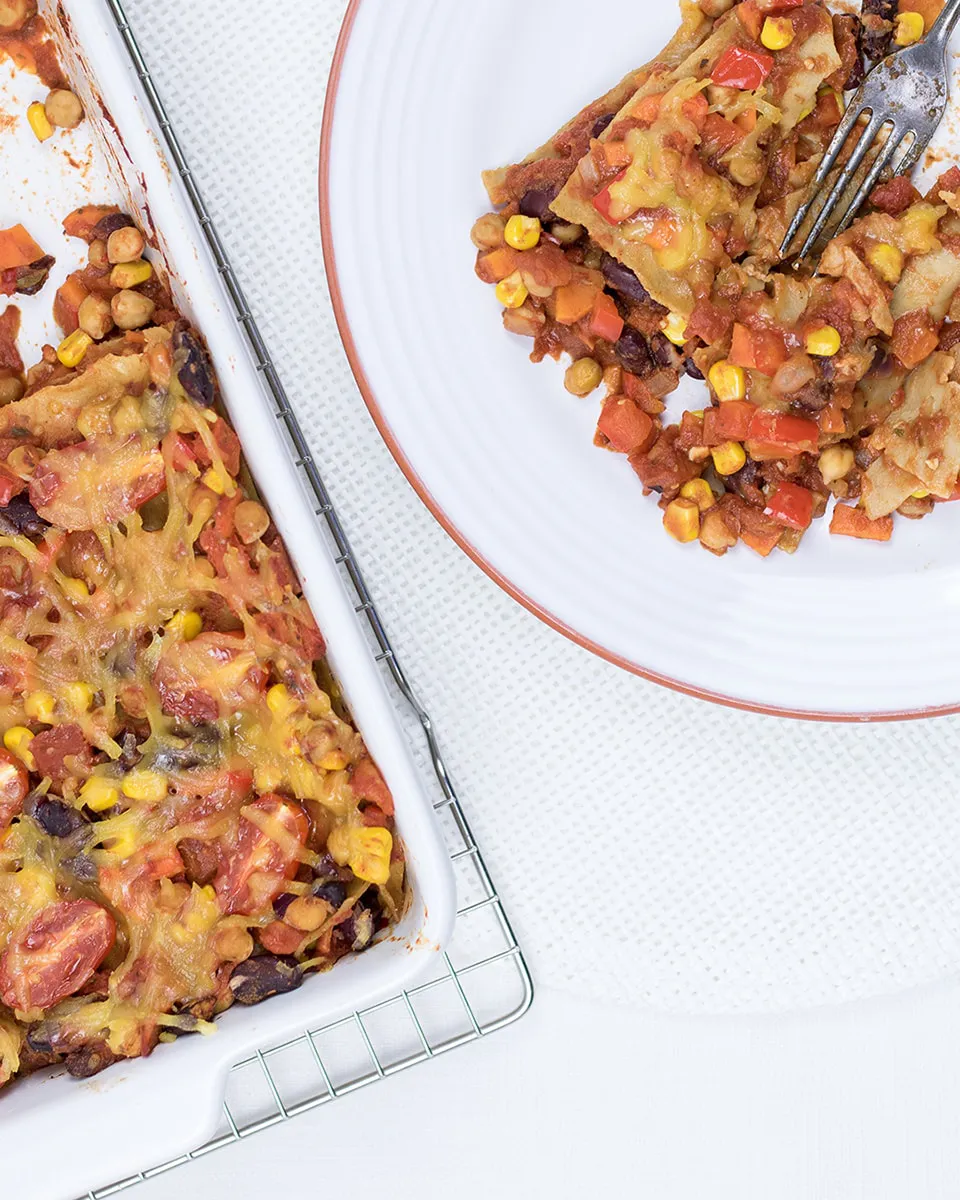 Vegetarian mexican lasagna recipe with chickpeas and beans