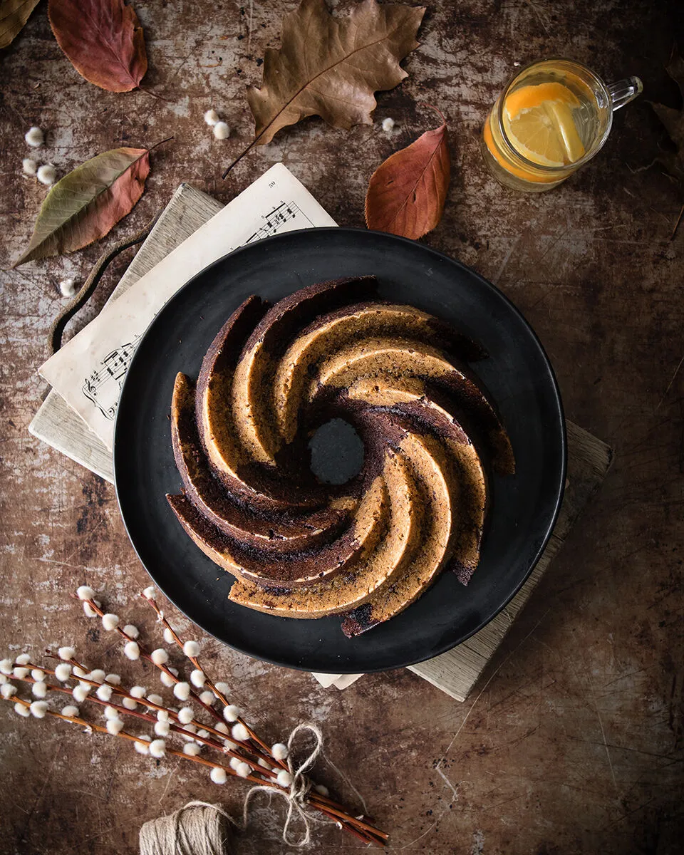 Eggless bundt cake with chocolate and fresh orange juice