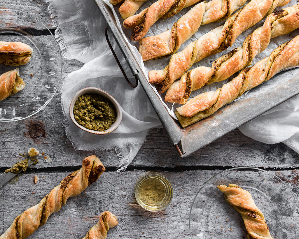 Homemade pesto twists with yeast flakes