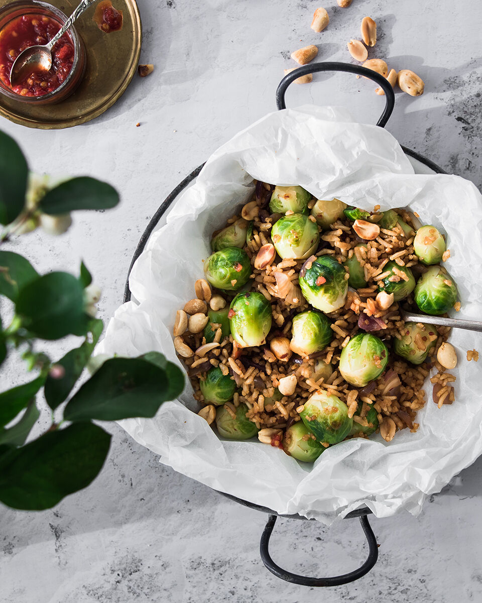 Asian Brussels sprouts recipe with rice and roasted peanuts