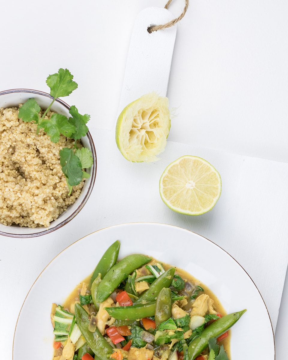 Asian wok recipe with quinoa, bok choy and sugar snap peas