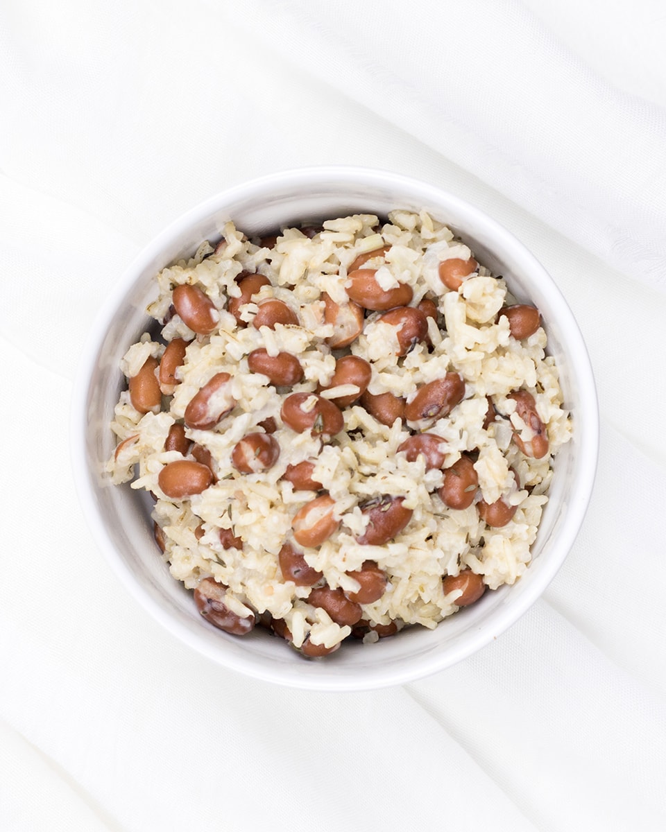 Coconut rice and beans; brown rice, coconut milk and thyme