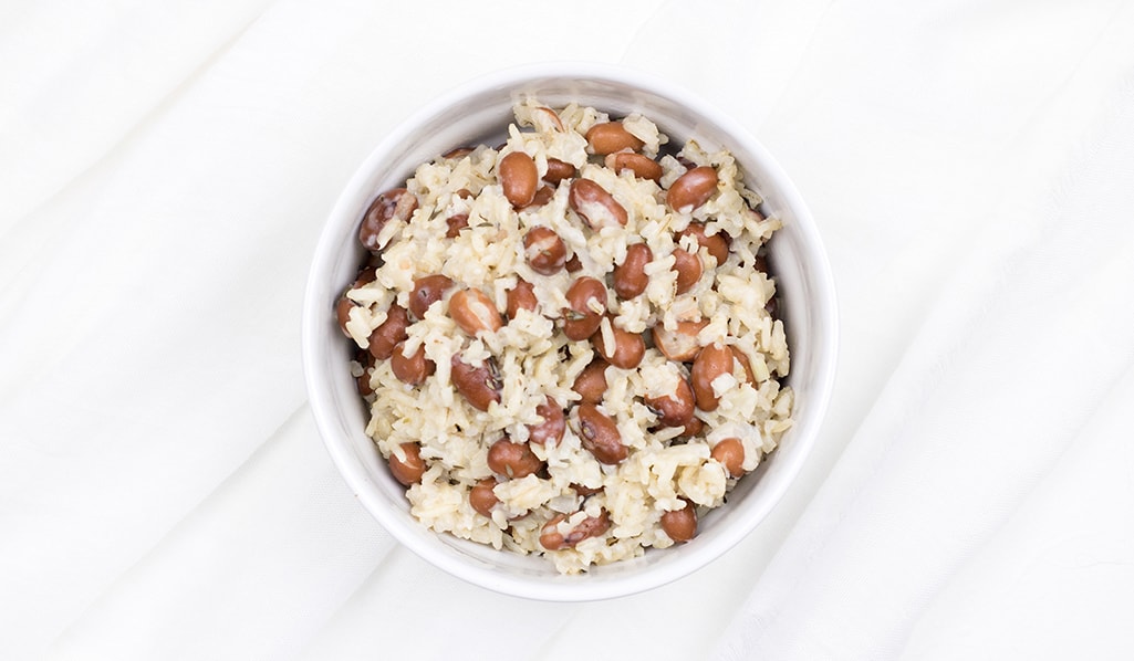 Coconut brown rice with Dutch beans photographed from above