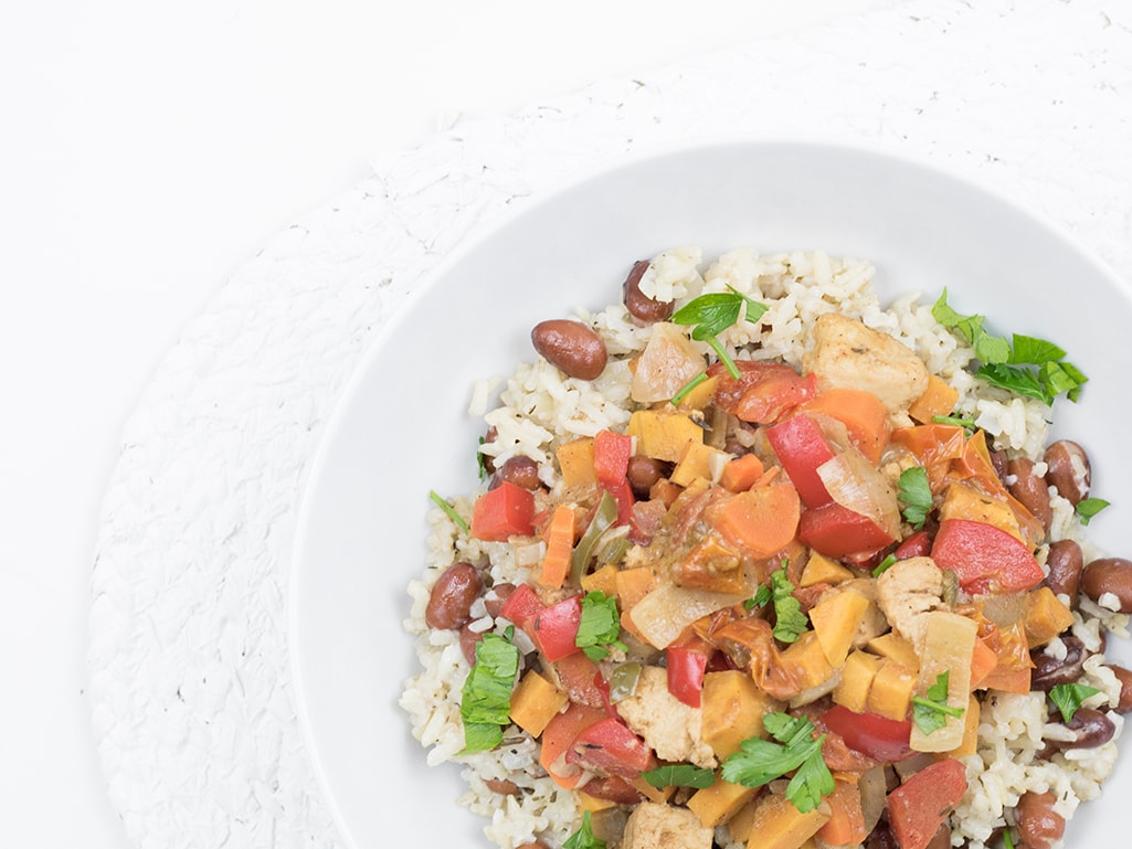 Healthy stew with coconut milk photographed from above