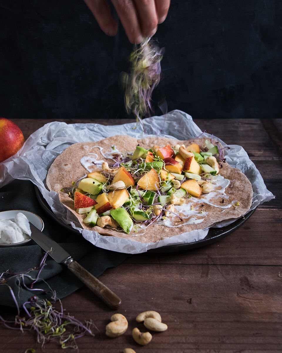 Easy vegan wrap recipe with nectarine and avocado
