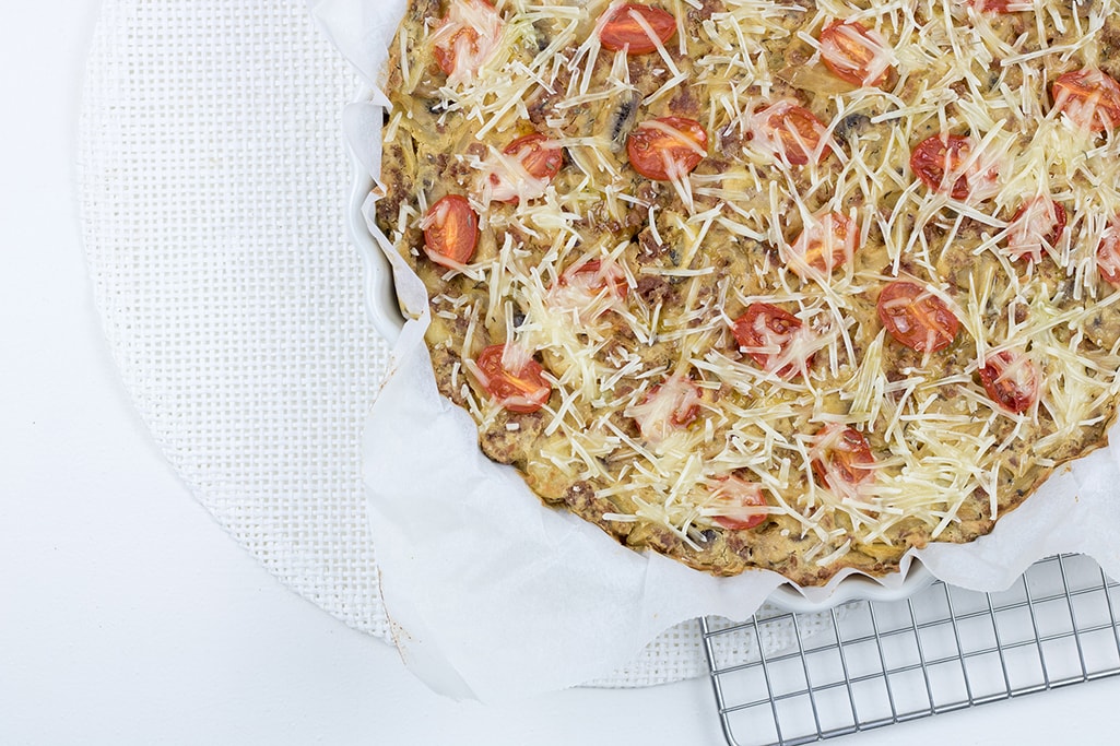 Egg free quiche with plant mince photographed from above