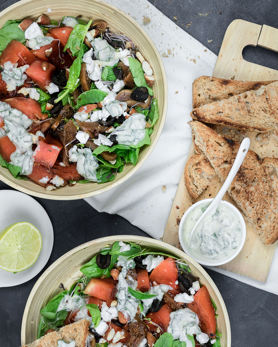 Grilled watermelon salad with mint, vegan feta, sprouts and figs