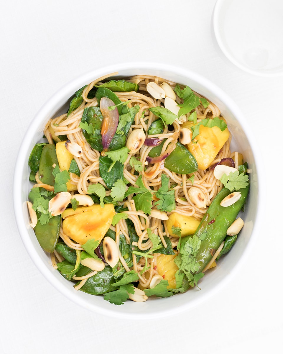 Homemade sweet and sour sauce with noodles and pineapple
