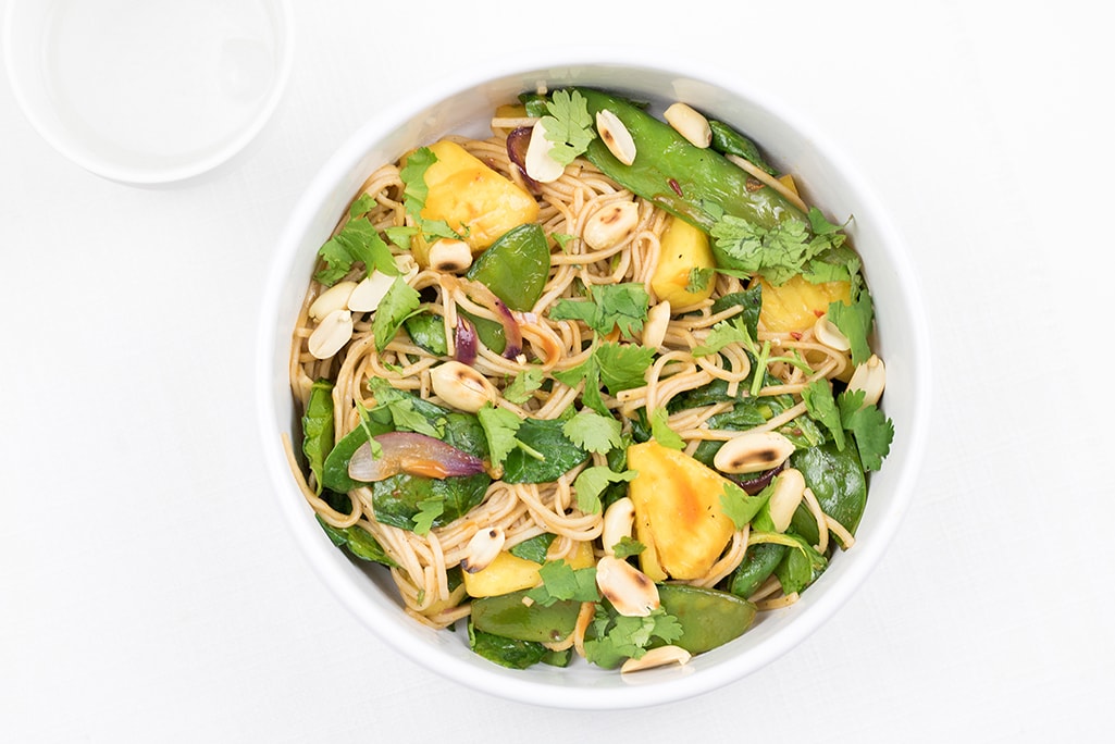 Noodles in sweet and sour sauce photographed as flatlay