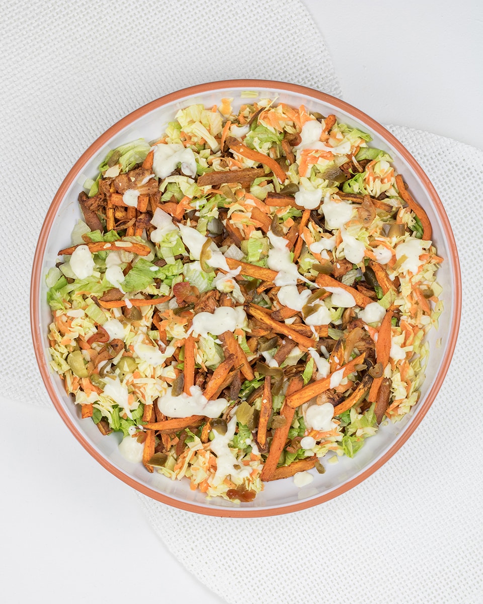 Jackfruit dish with sweet potato fries, coleslaw and garlic sauce
