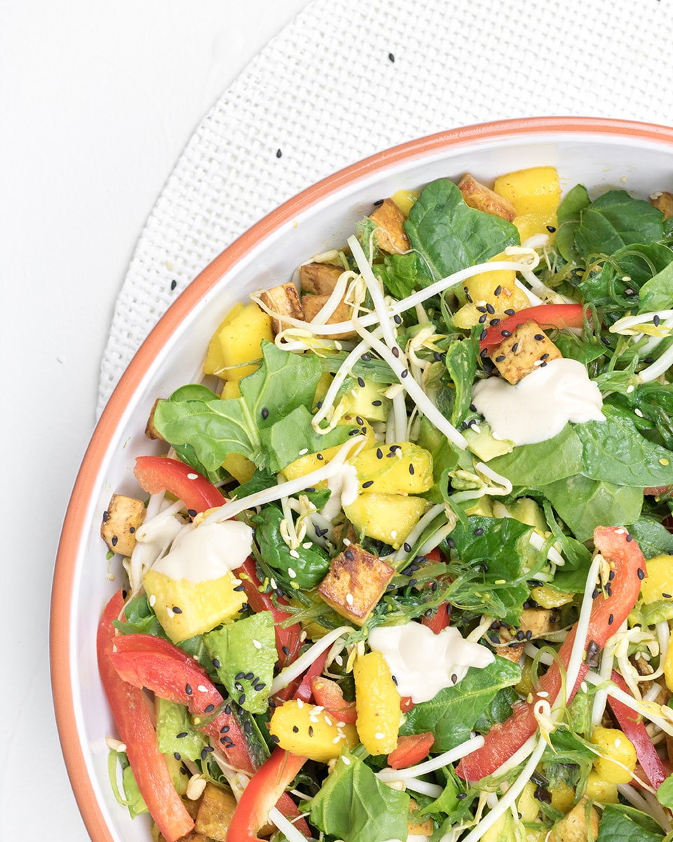 Marinated tofu salad with seaweed and Japanese sauce