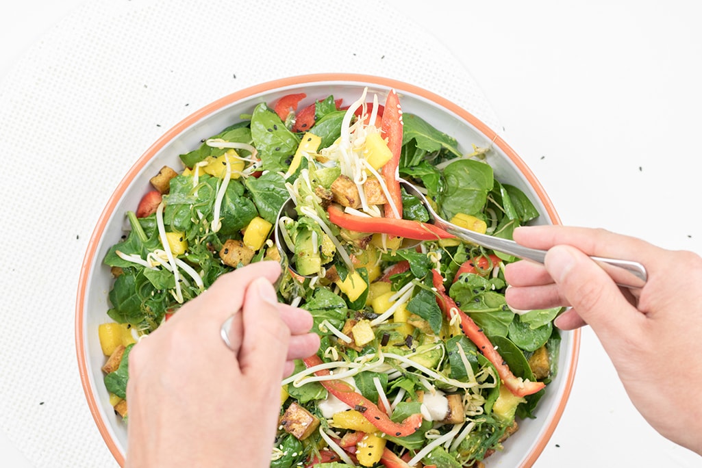 Low carb Asian tofu salad photographed from above