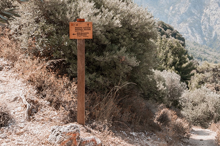 Sign to Megalo Seitani hike, Samos, Greece