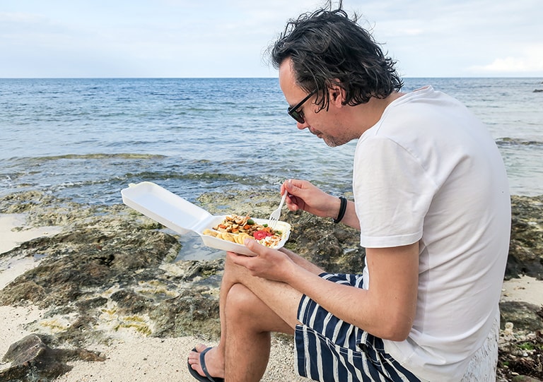 Eating seafood in Ocho Rios, Jamaica