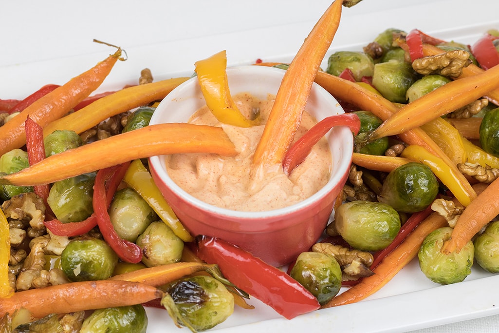Roasted brussels sprouts and carrots with dipping sauce