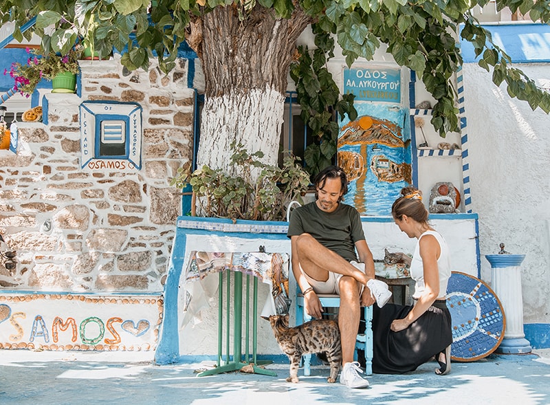 Blue street in Pythagorion, Samos, Greece