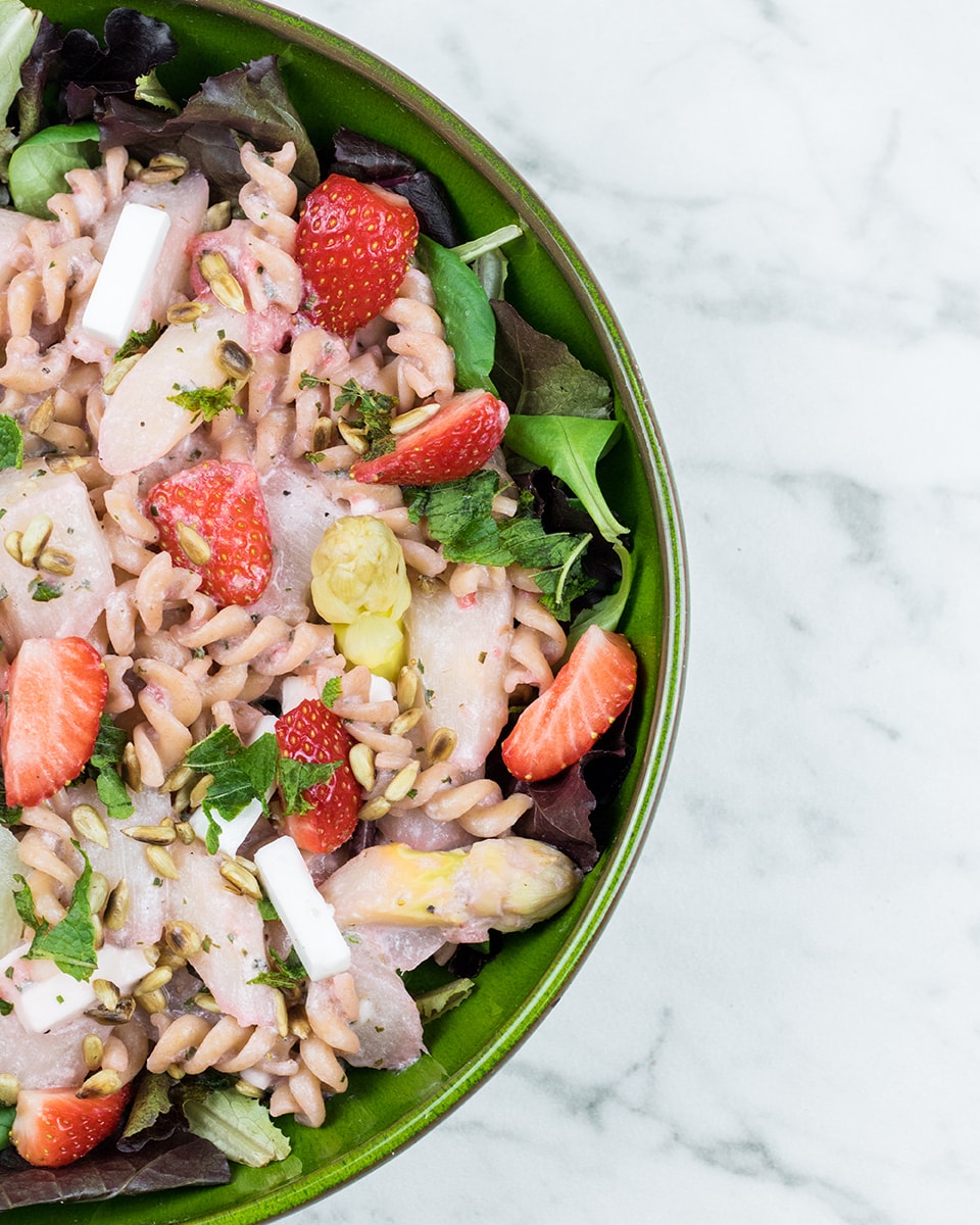 Strawberry pasta with asparagus and Violife vegan cheese