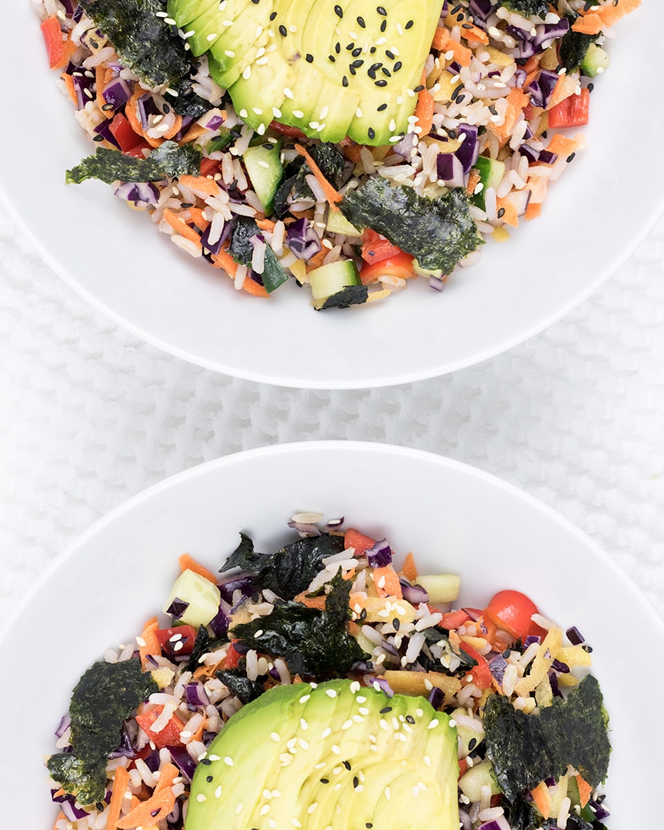 Sushi salad vegetarian; lots of veggies, sesame seeds and nori