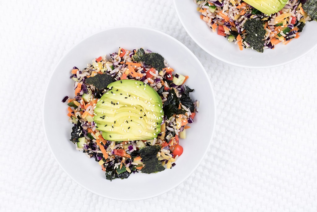 Vegetarian sushi bowl photographed from above