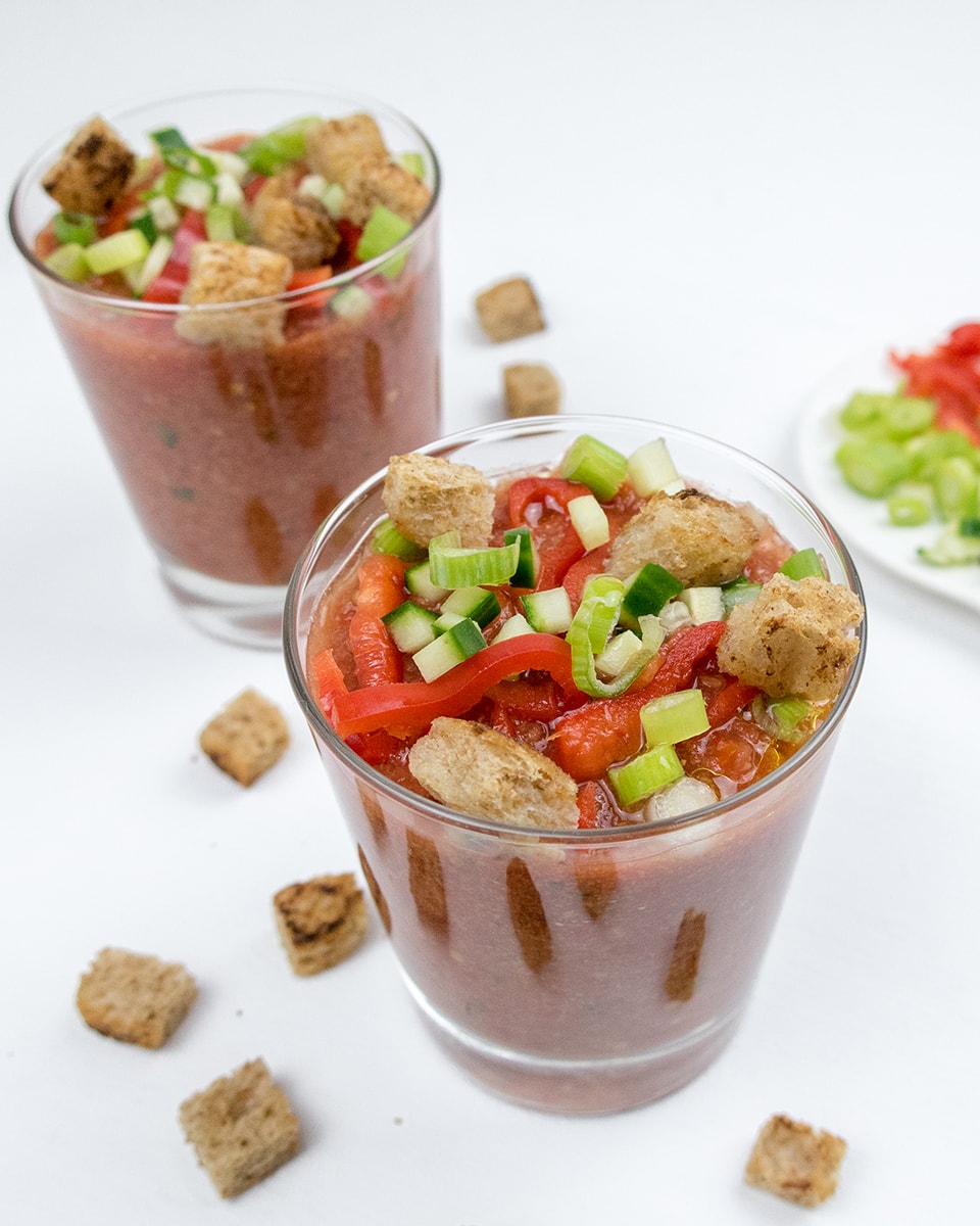 Tomato Gazpacho with whole grain croutons; easy Spanish dish