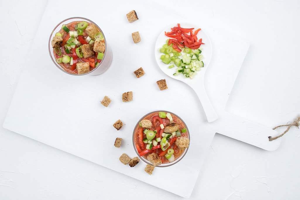 Easy tomato Gazpacho recipe with croutons photographed from above