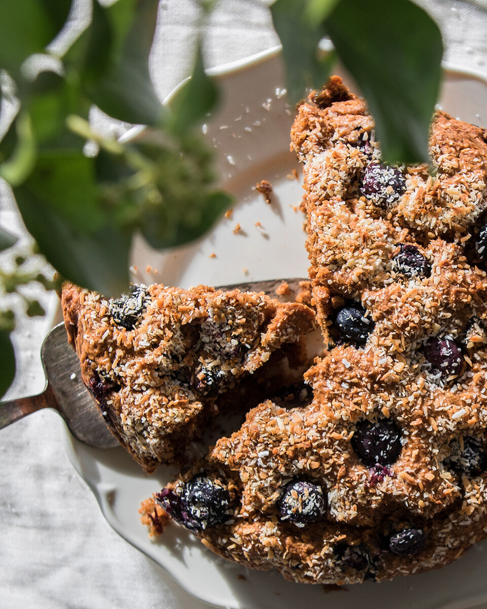 Vegan blueberry cake recipe with coconut, and low sugar