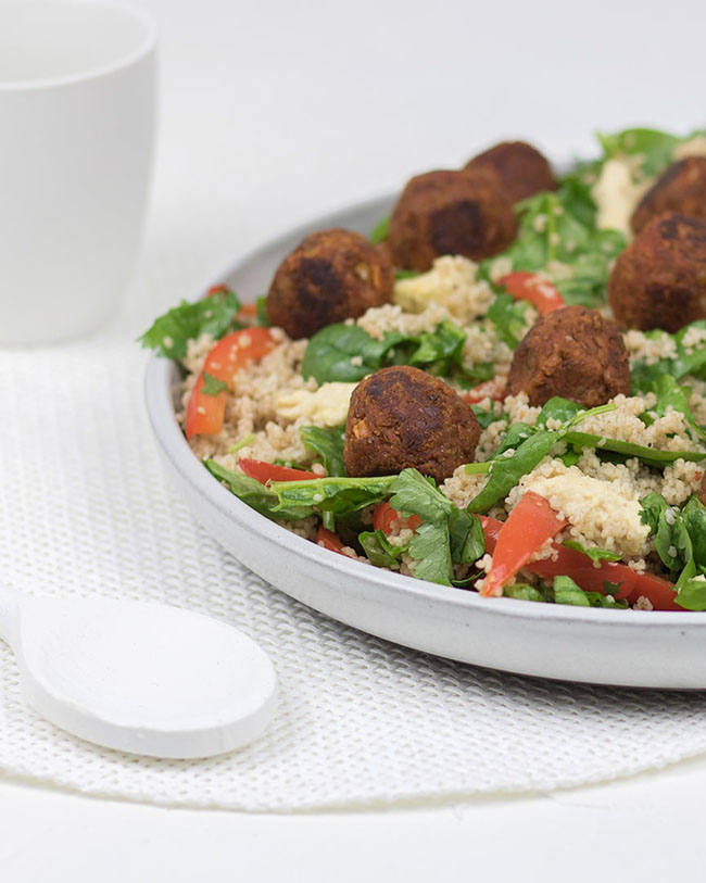 Vegan lentil meatballs with couscous salad