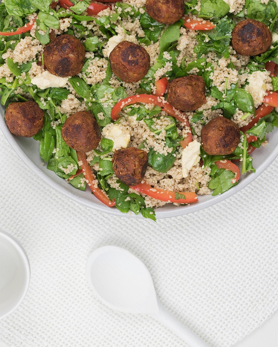 Vegan lentil meatballs with delicious heathy couscous salad