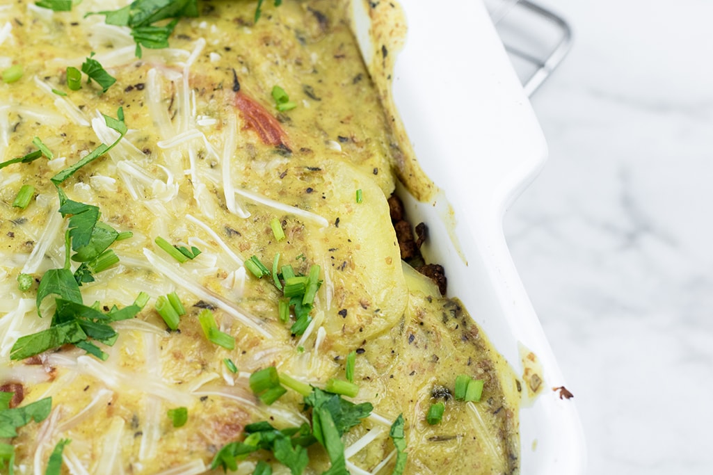 Vegan potato casserole with leek