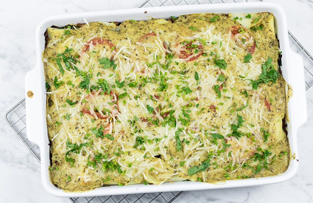 Vegan potato casserole with leek