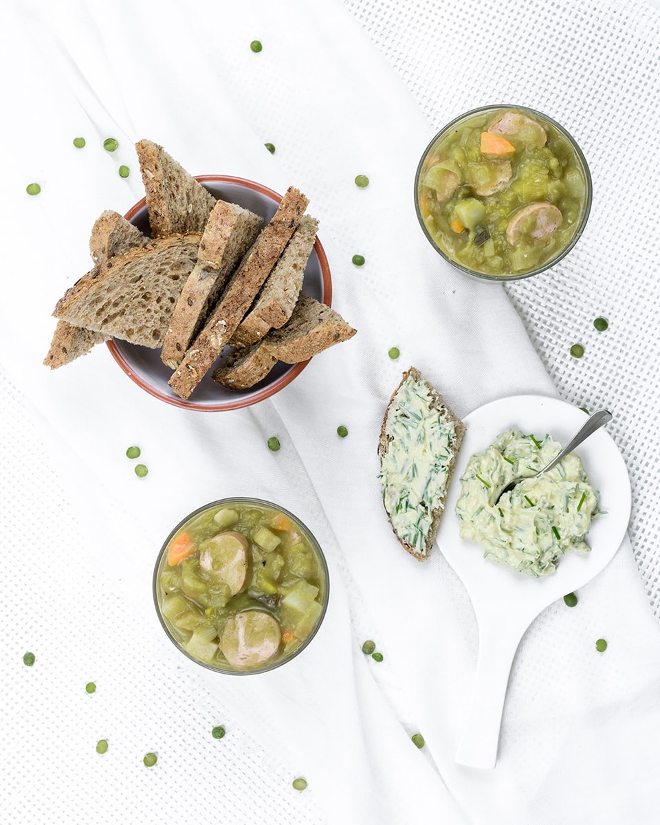 Vegan split pea soup recipe with hotdog, carrot and celeriac