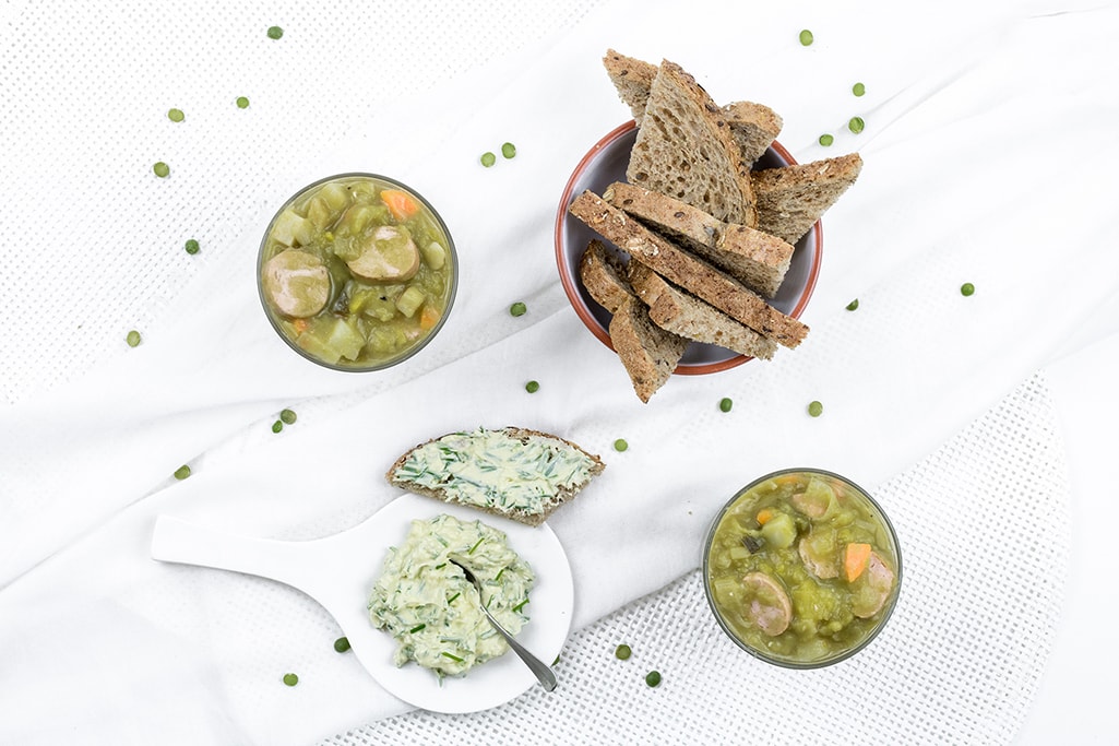 Vegan split pea soup photographed from above