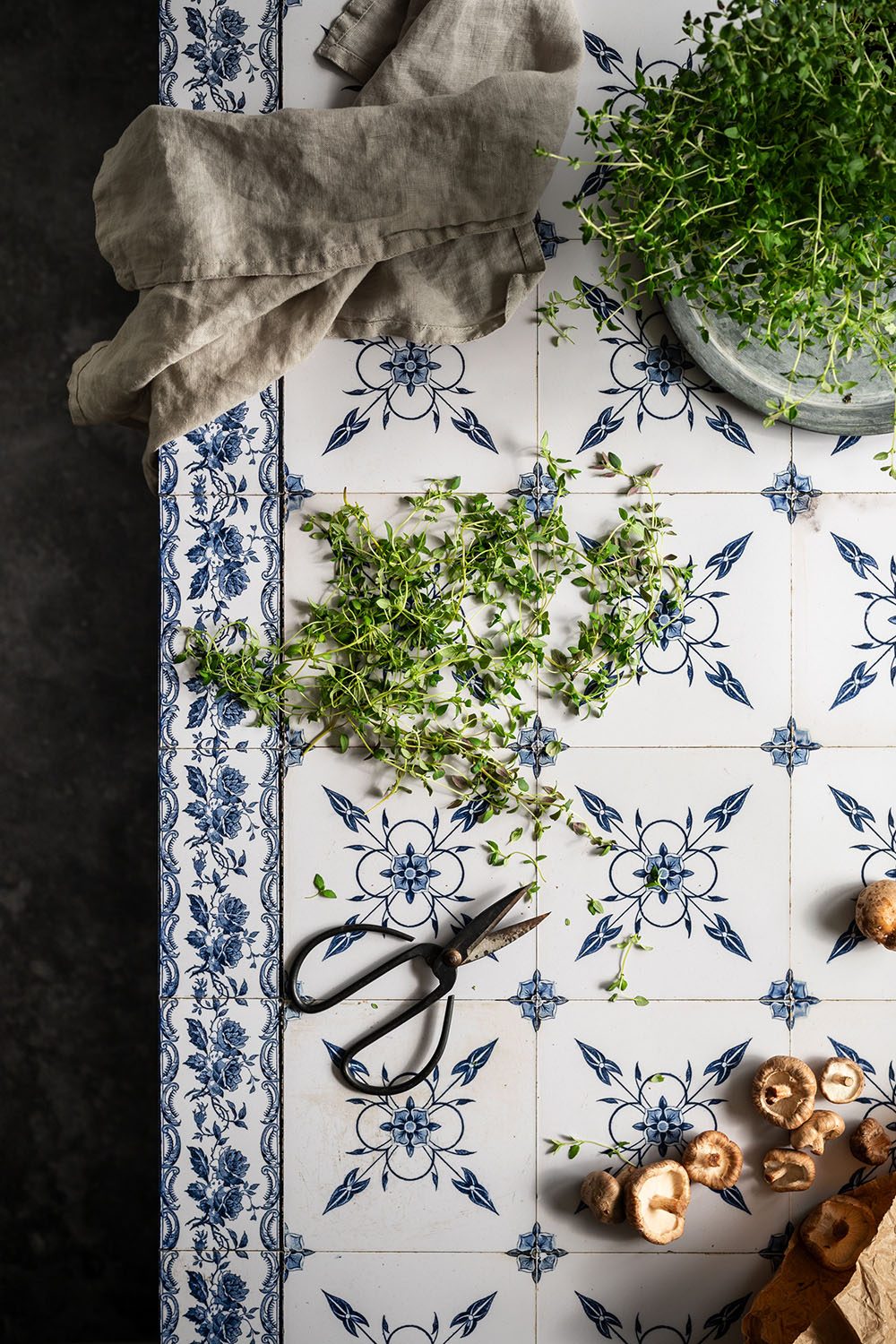 Aged blue tiles photography backdrop from France printed on vinyl