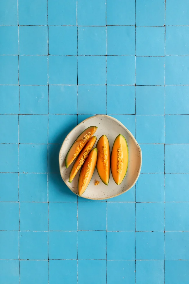 Blue food and product photography surface with replica tile pattern