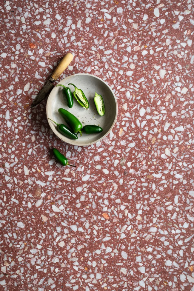 Red terrazzo vinyl photography backdrop for product & food photos